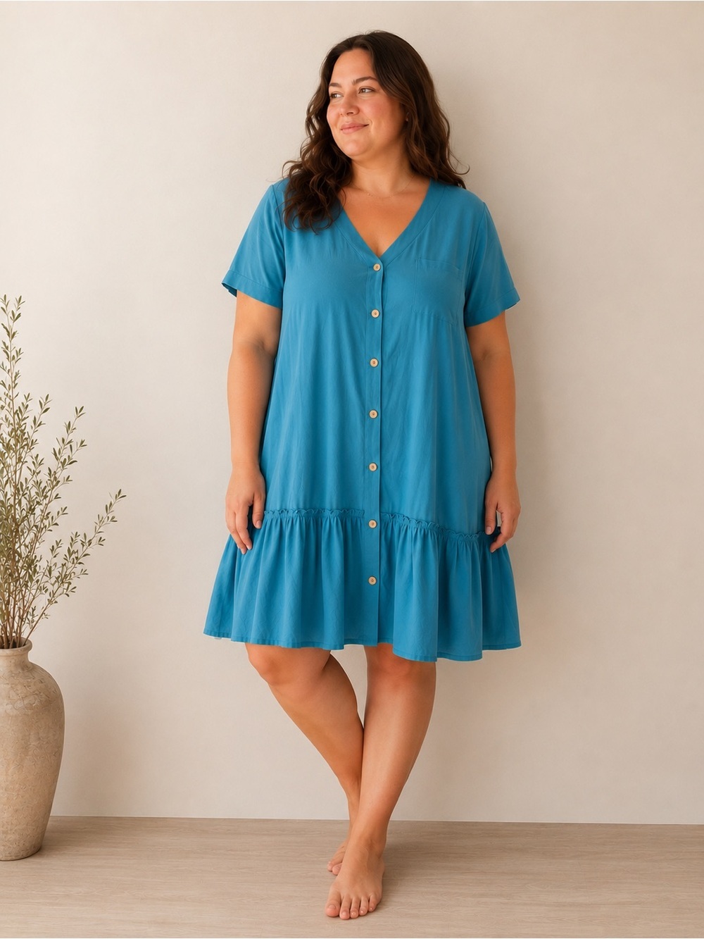 HOTOUCH | 100% Cotton Button Front Dress | Teal Tiered Casual Shift Dress XL